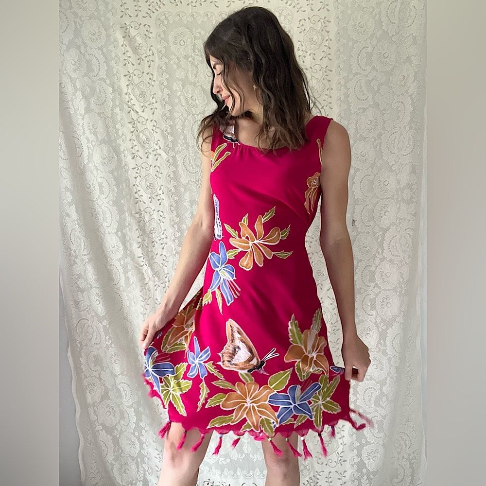 Vintage Hot Pink Tropical Butterfly & Floral Fringe Dress Rayon Beach Cover-Up
